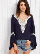 Shein Fluted Sleeve Crochet Contrast Blouse
