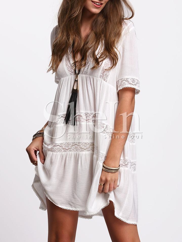 Shein Beige V-neck Lace Insert Ruffle Dress