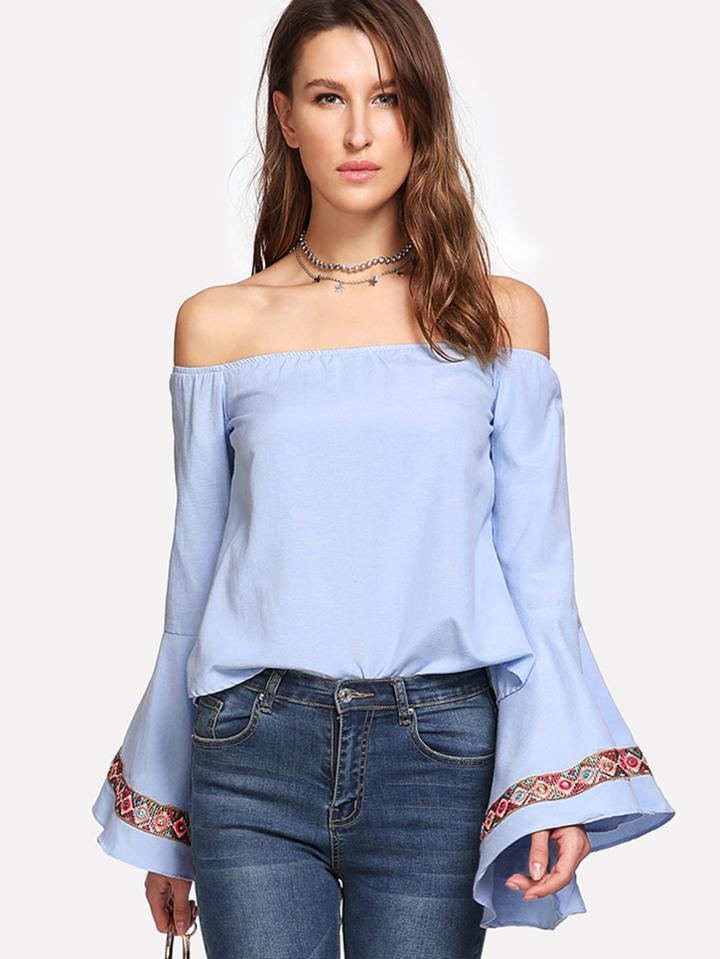 Shein Embroidery Insert Flounce Sleeve Bardot Blouse