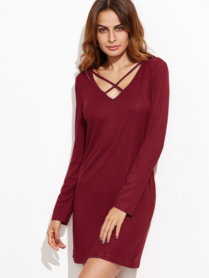 Shein Burgundy Crisscross V Neck Ribbed Sheath Dress