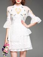 Shein White Bell Sleeve Gauze Embroidered Dress