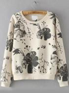 Shein White Round Neck Floral Patterned Crop Sweatshirt