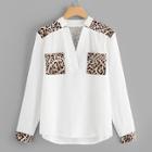 Shein Leopard Panel V Neck Blouse
