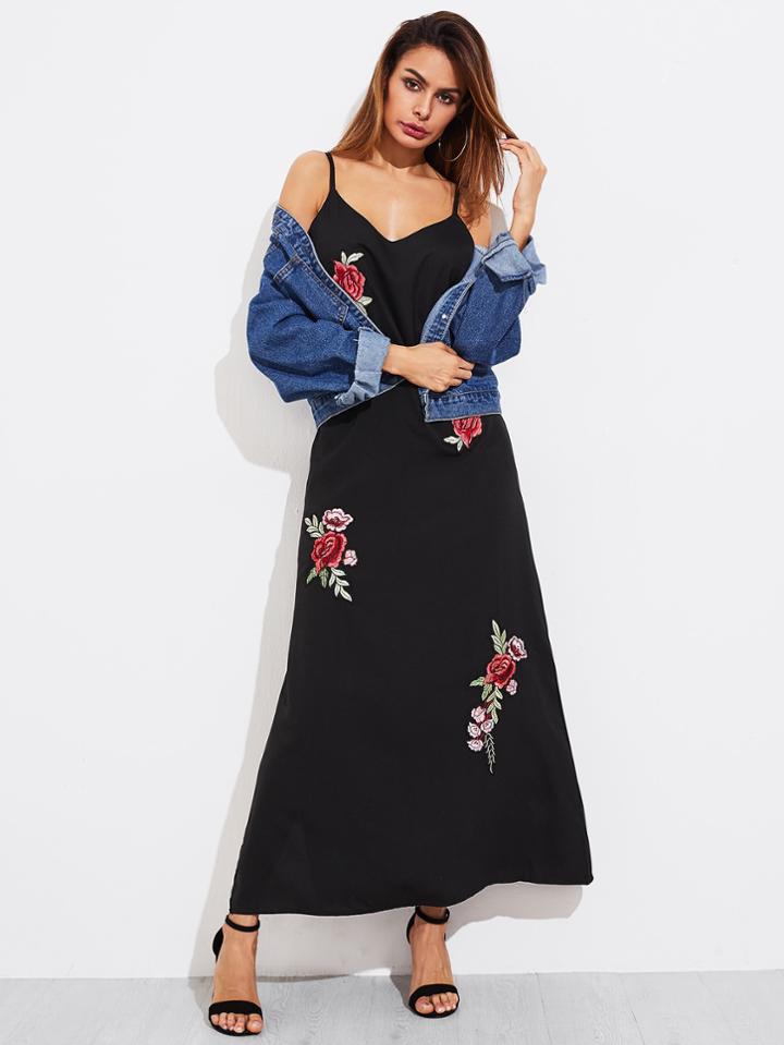Shein Embroidered Appliques Side Slit Cami Dress