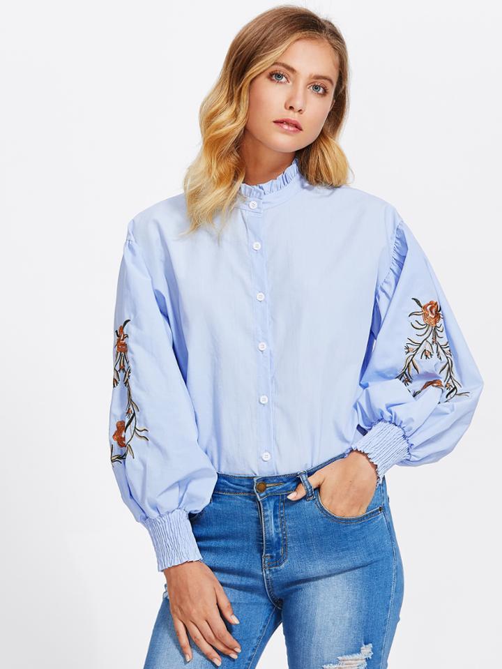 Shein Botanical Embroidered Bishop Sleeve Blouse