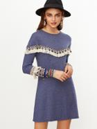 Shein Blue Marled Dress With Coin Fringe And Embroidered Tape Detail
