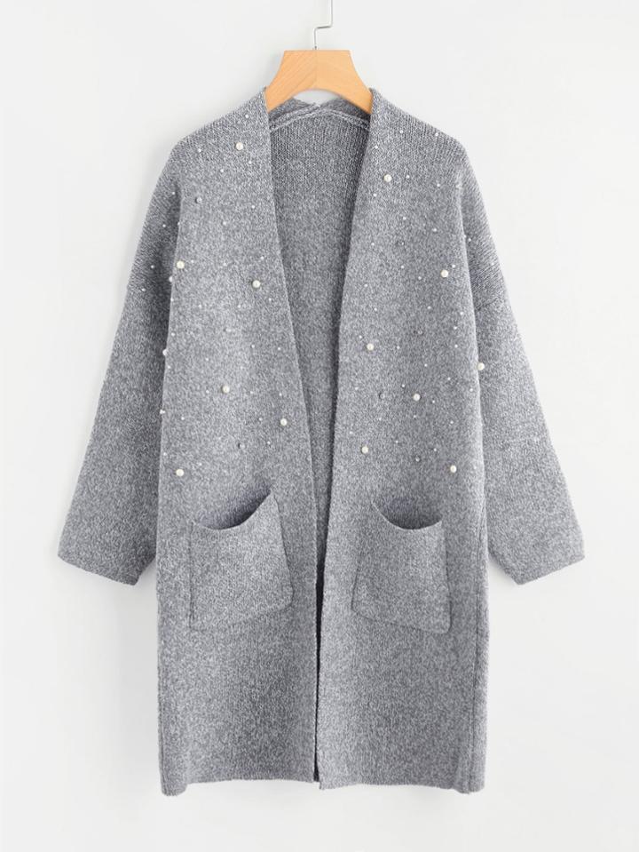 Shein Pearl Beading Open Front Longline Cardigan