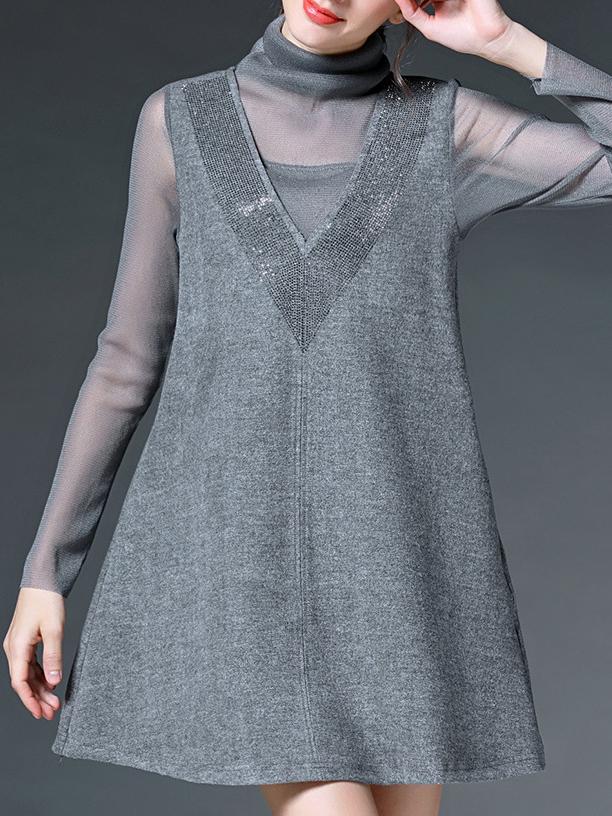 Shein Grey Collar Long Sleeve Contrast Gauze Pockets Dress