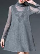 Shein Grey Collar Long Sleeve Contrast Gauze Pockets Dress