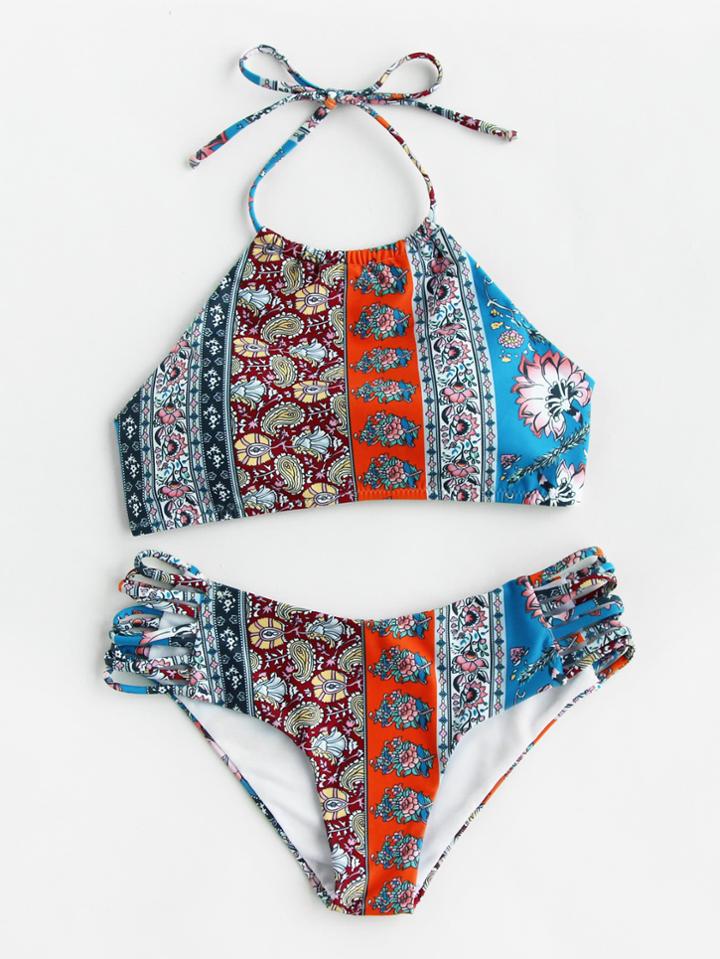 Shein Floral And Paisley Print Cutout Side Bikini Set