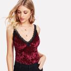 Shein Lace Trim V Back Crushed Velvet Top