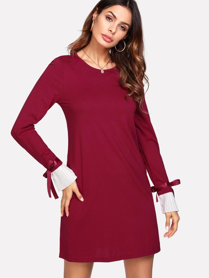 Shein Contrast Pleated Tied Cuff Dress
