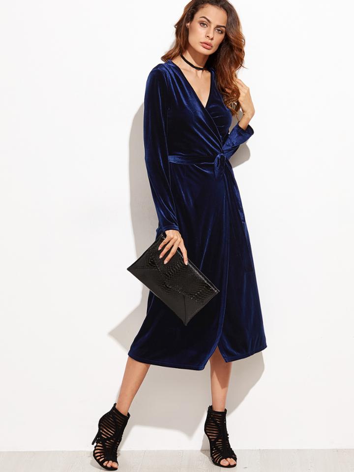 Shein Navy Surplice Front Velvet Wrap Dress