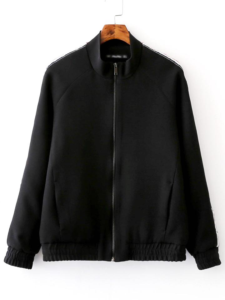 Shein Black Stand Collar Elastic Cuff Plain Jacket