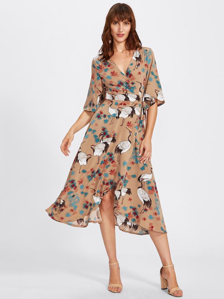 Shein Crane Bird Print Surplice Wrap Dress