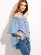 Shein Blue Ruffle Trim Off The Shoulder Chambray Top