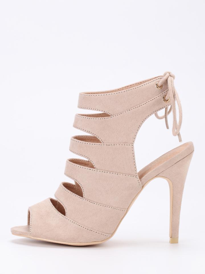 Shein Faux Suede Caged Sling Back Heels - Apricot
