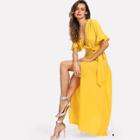Shein Bell Sleeve Buttoned V-neck Wrap Dress