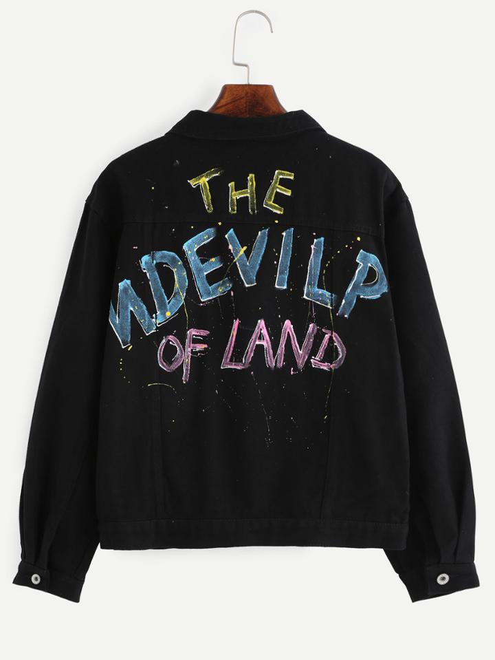 Shein Black Letters Graffiti Print Denim Jacket
