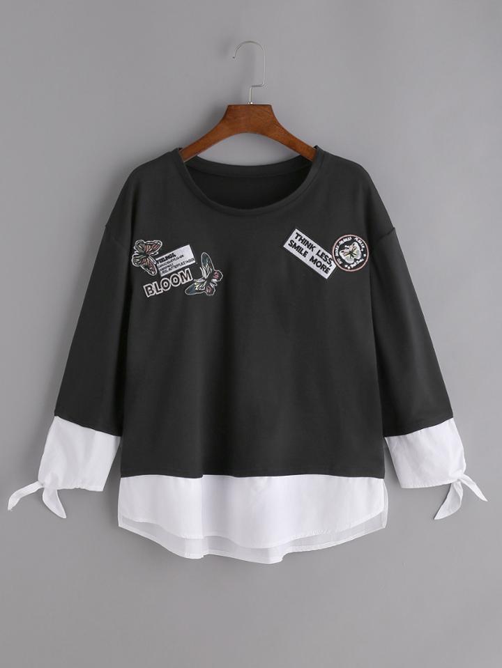 Shein Black Embroidered Drop Shoulder Contrast Hem T-shirt