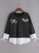 Shein Black Embroidered Drop Shoulder Contrast Hem T-shirt