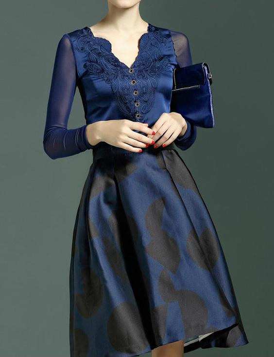 Shein Blue V Neck Embroidered Buttons Blouse