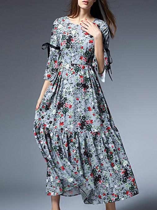 Shein Grey Bell Sleeve Floral Midi Dress