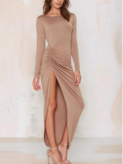 Shein Apricot Long Sleeve Backless Split Dress