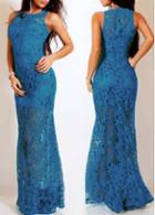 Rosewe High Waist Blue Lace Sleeveless Maxi Dress