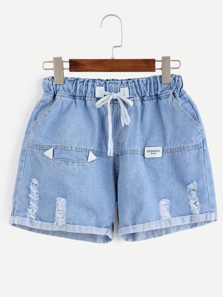 Shein Blue Ripped Roll Hem Drawstring Denim Shorts
