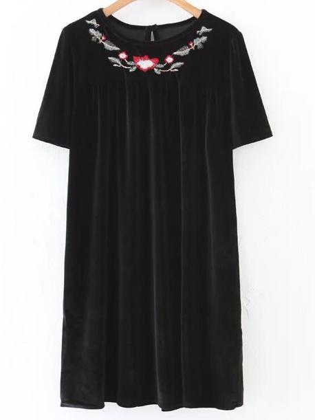Shein Black Floral Embroidery Shift Velvet Dress