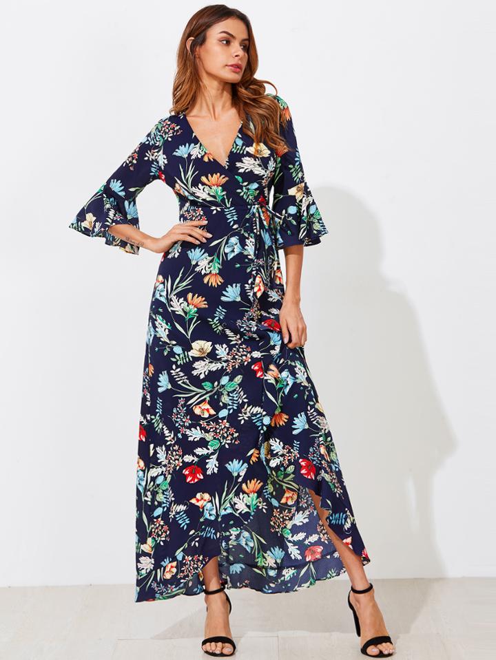 Shein Botanical Print Trumpet Sleeve Frilled Wrap Dress