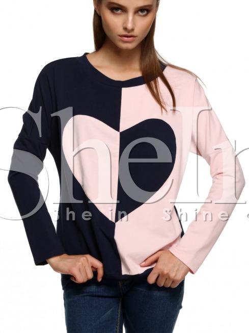 Shein Navy Crew Neck Color Block Heart T-shirt