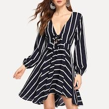 Shein Striped Deep V Neck Knot Front Dress