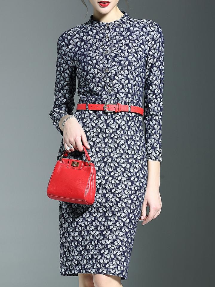 Shein Navy Leaves Belted Pockets Sheath Dress