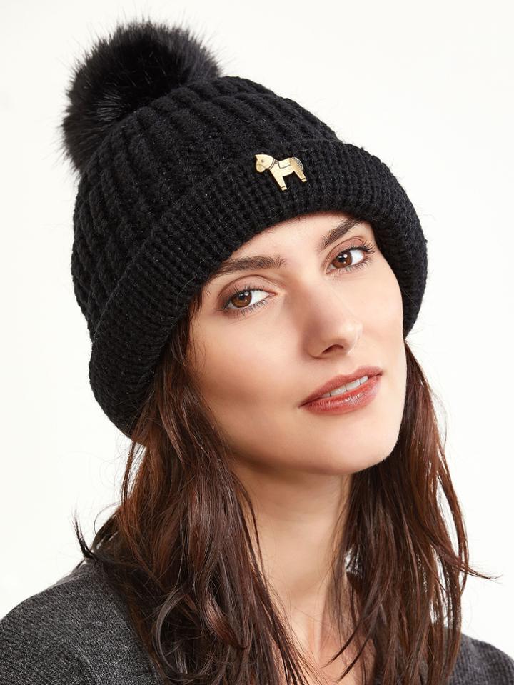 Shein Black Cable Knit Pom Pom Bobble Hat