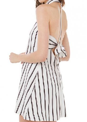 Rosewe Turndown Collar Vertical Stripe Print Mini Dress