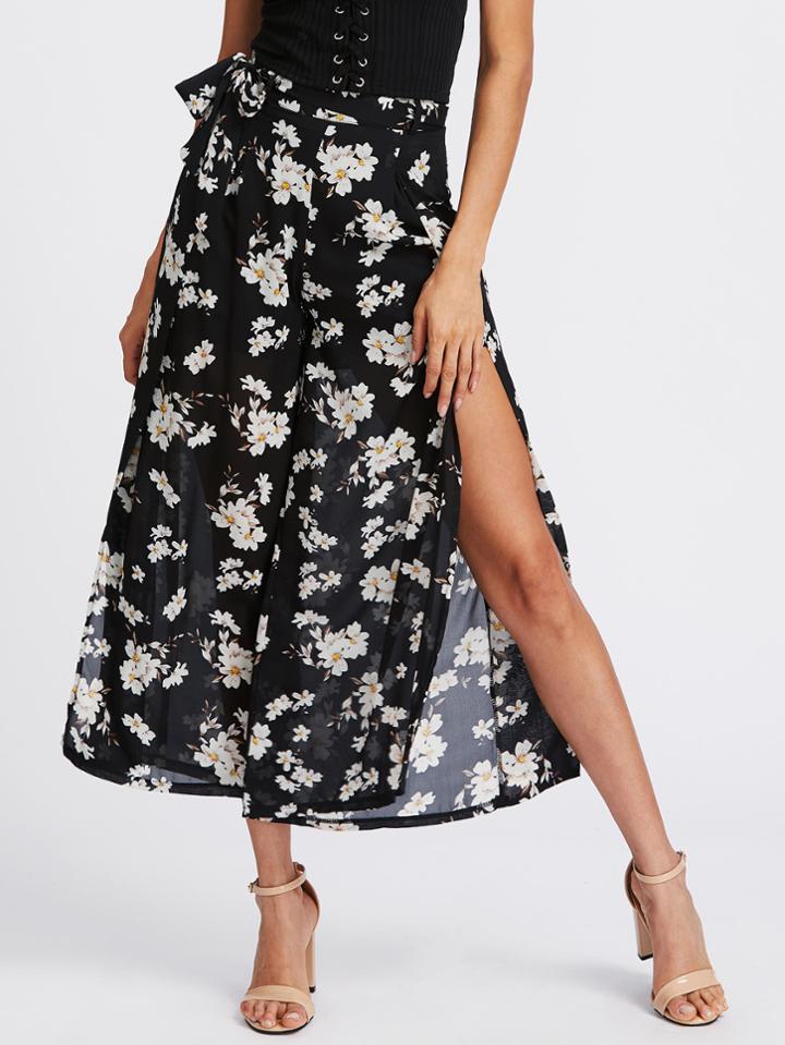 Shein Calico Print Self Tie Split Side Wide Leg Pants
