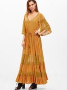 Shein Mustard Lace Insert Kimono Sleeve Drawstring Waist Tiered Dress