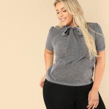 Shein Plus Tie Neck Puff Sleeve Glitter Top
