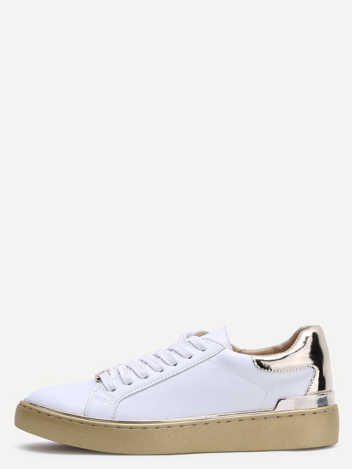 Shein Gold Contrast Trim Round Toe Lace Up Pu Sneakers