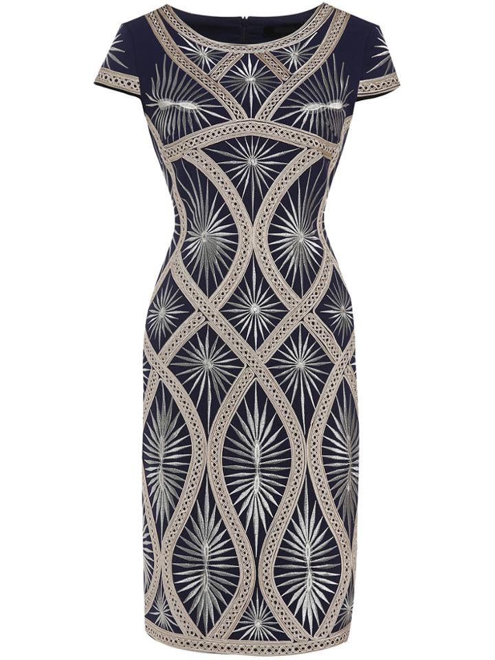 Shein Black Crew Neck Disc Flowers Embroidered Sheath Dress