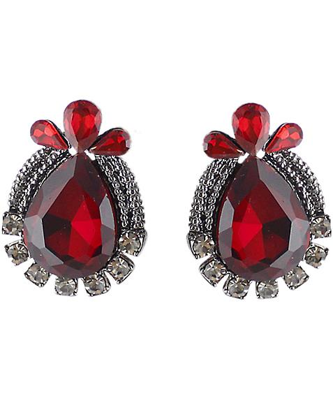 Shein Red Drop Gemstone Silver Stud Earrings
