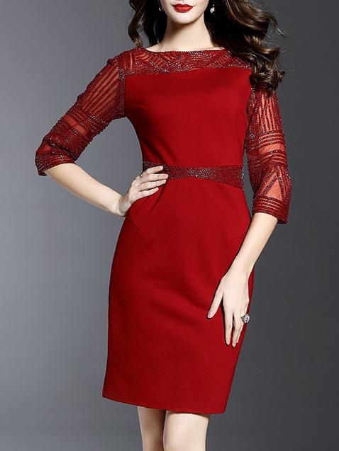 Shein Burgundy Sheer Beading Disc Flowers Dress
