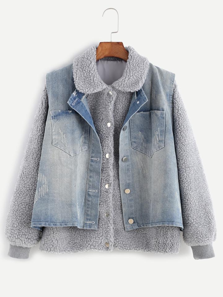 Shein Light Grey Faux Shearling Top With Denim Vest