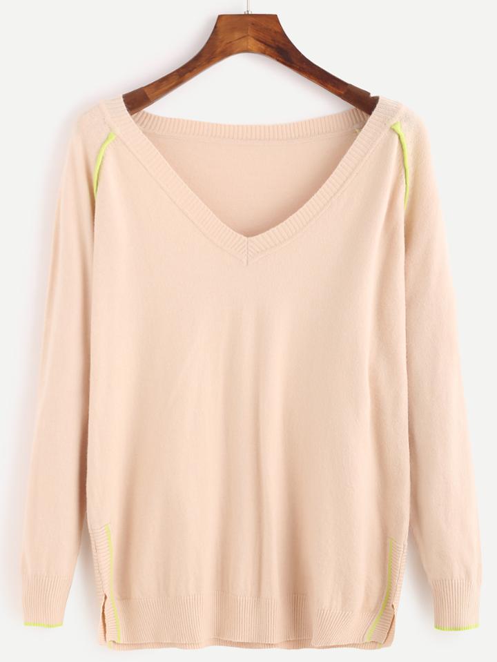 Shein Apricot Contrast Trim Slit Sweater
