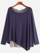 Shein Navy Contrast Hem Asymmetrical T-shirt