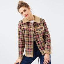 Shein Faux Fur Detail Single Breasted Plaid Coat