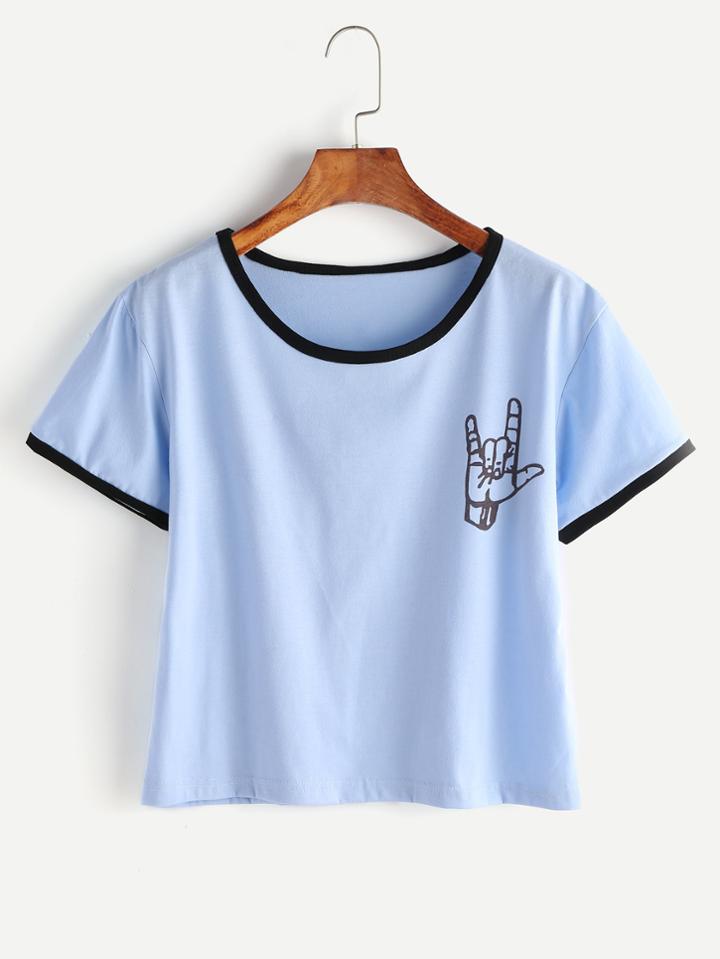 Shein Blue Contrast Trim Gesture Print T-shirt
