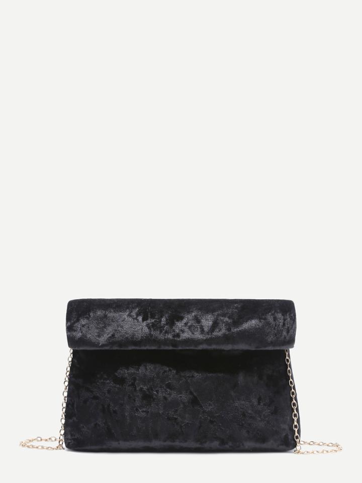 Shein Black Foldover Velvet Clutch Bag With Chain